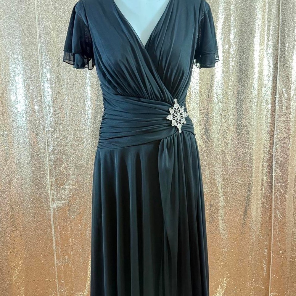 Black Formal Midi Dress V-Neck Flutter Sleeve Brooch/Sizes M-L-XL-2XL
